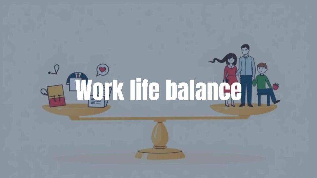 A balanced scale with work items on one side and family time on the other, soft background, professional yet warm tone, illustrative style.