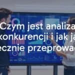 Business people analyzing competitors on a digital screen with charts and graphs, professional office setting, modern and clean style.