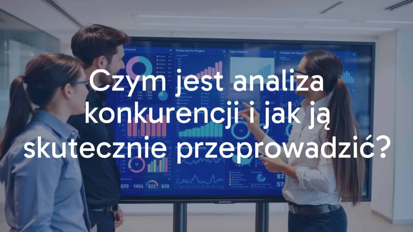 Business people analyzing competitors on a digital screen with charts and graphs, professional office setting, modern and clean style.