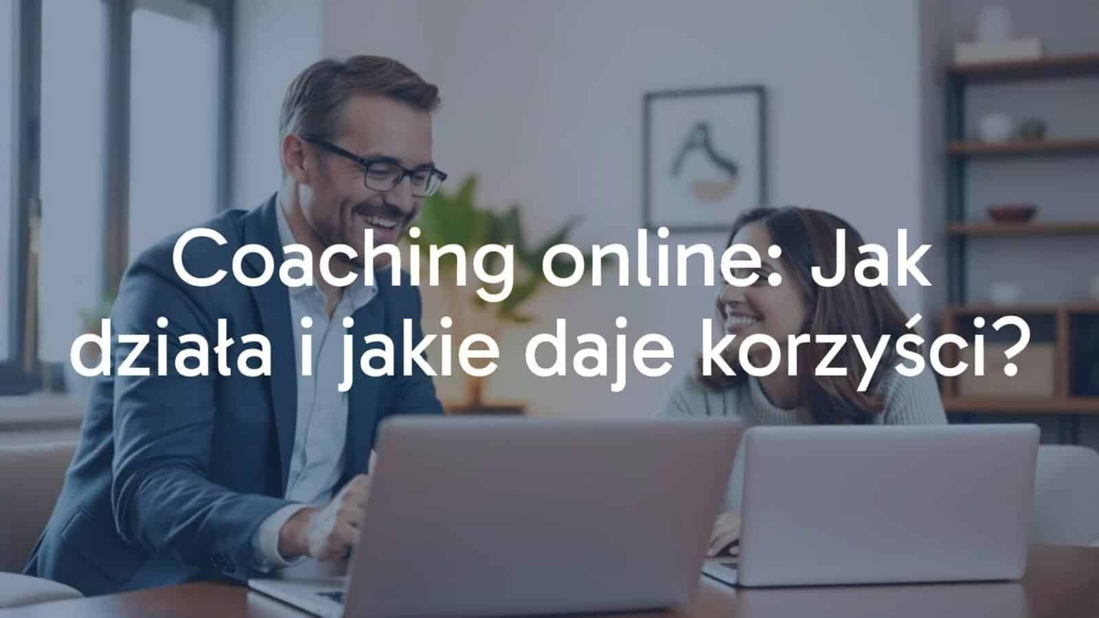 A smiling coach and client having a video call on laptops, home office setting, warm lighting, modern and professional vibe.
