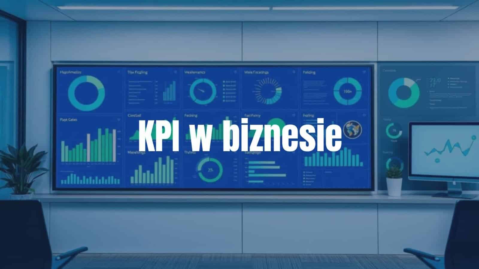 A business dashboard with graphs and key performance indicators (KPIs), modern office setting, professional, clean, blue and green tones.