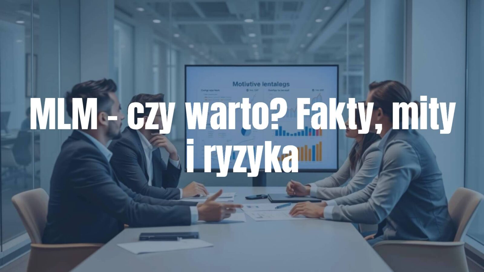 Business meeting with people discussing MLM strategy, graphs and charts on the wall, serious and motivational atmosphere, modern office setting, realistic style.