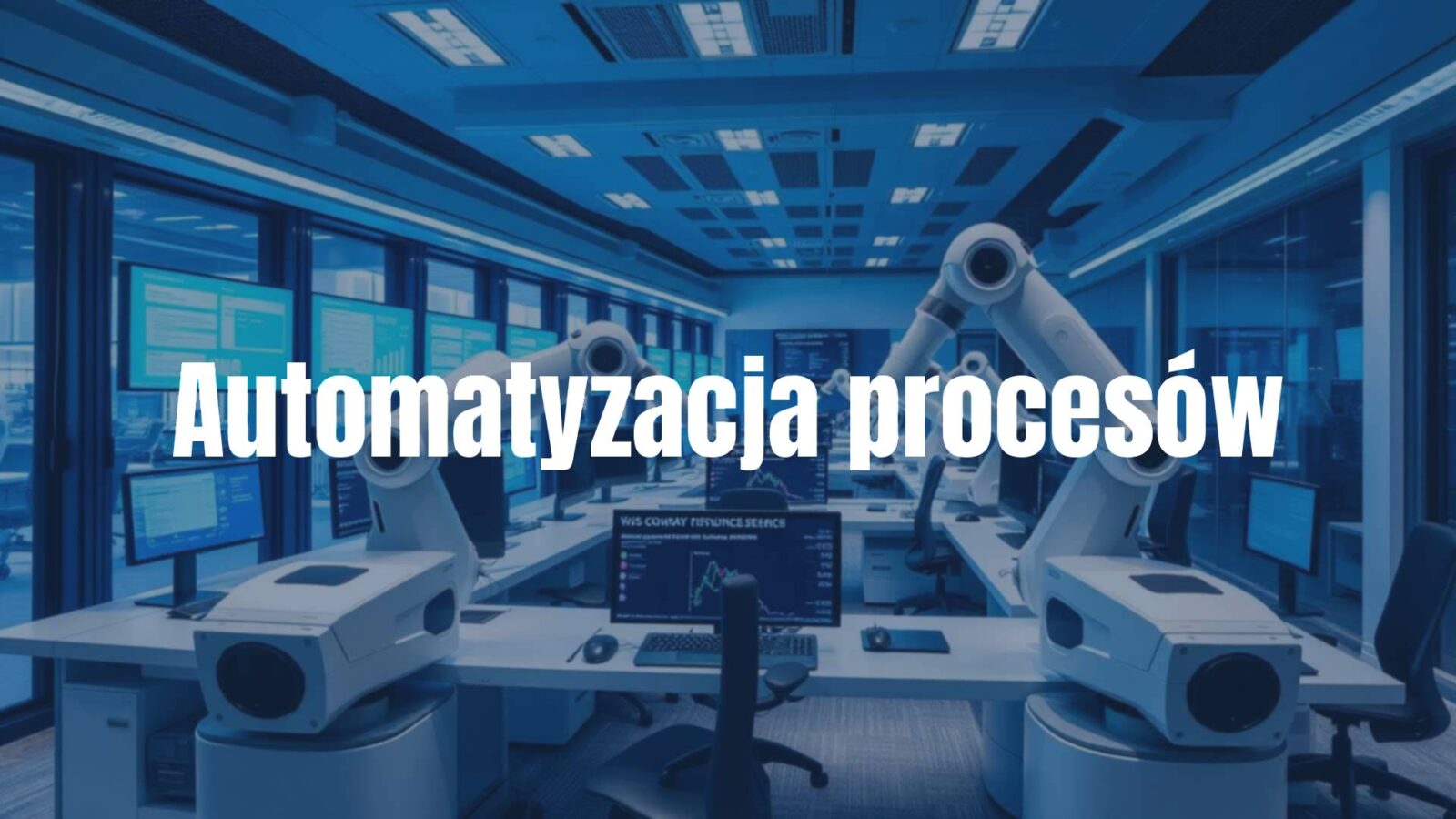 Modern office with robotic arms and digital screens automating business processes, futuristic technology, clean and efficient workspace, blue and white tones, realistic.