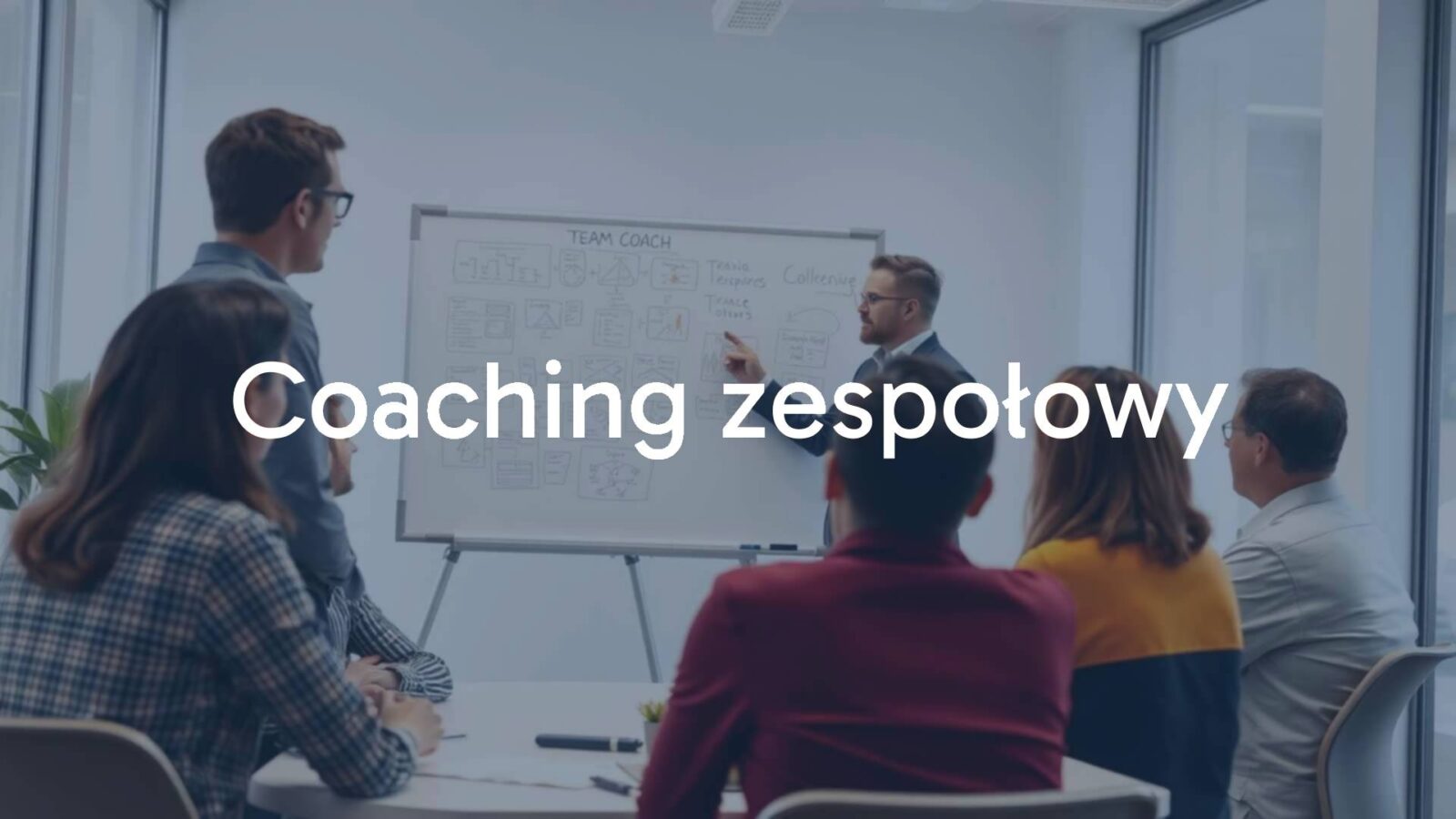 A professional team coach leading a group discussion in a modern office, team members engaged, whiteboard with notes, bright and motivational atmosphere, realistic style.