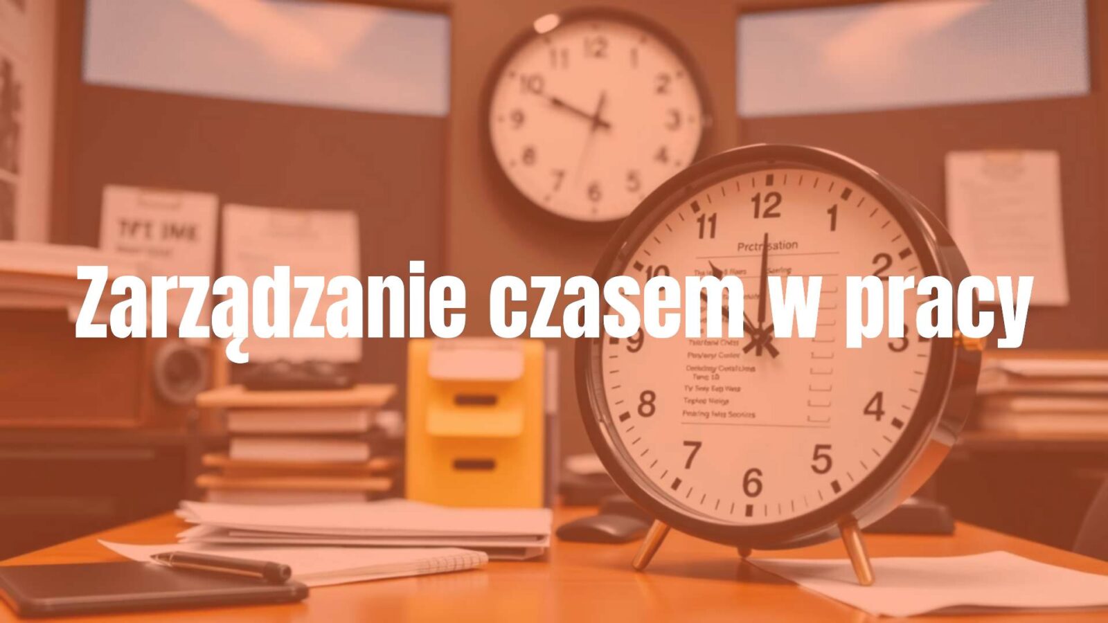 A professional workspace with a clock, organized desk, and task list, symbolizing time management, modern office, productive and balanced vibe, realistic style.