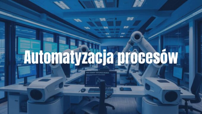 Modern office with robotic arms and digital screens automating business processes, futuristic technology, clean and efficient workspace, blue and white tones, realistic.