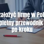 A person signing business documents on a desk with a laptop, coffee cup, and Polish flag in the background, professional and motivational atmosphere, realistic.