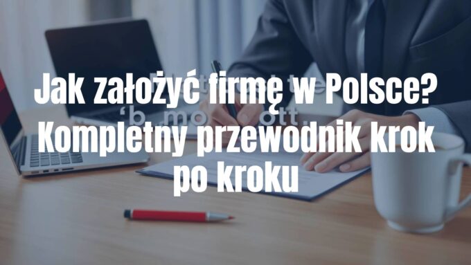 A person signing business documents on a desk with a laptop, coffee cup, and Polish flag in the background, professional and motivational atmosphere, realistic.