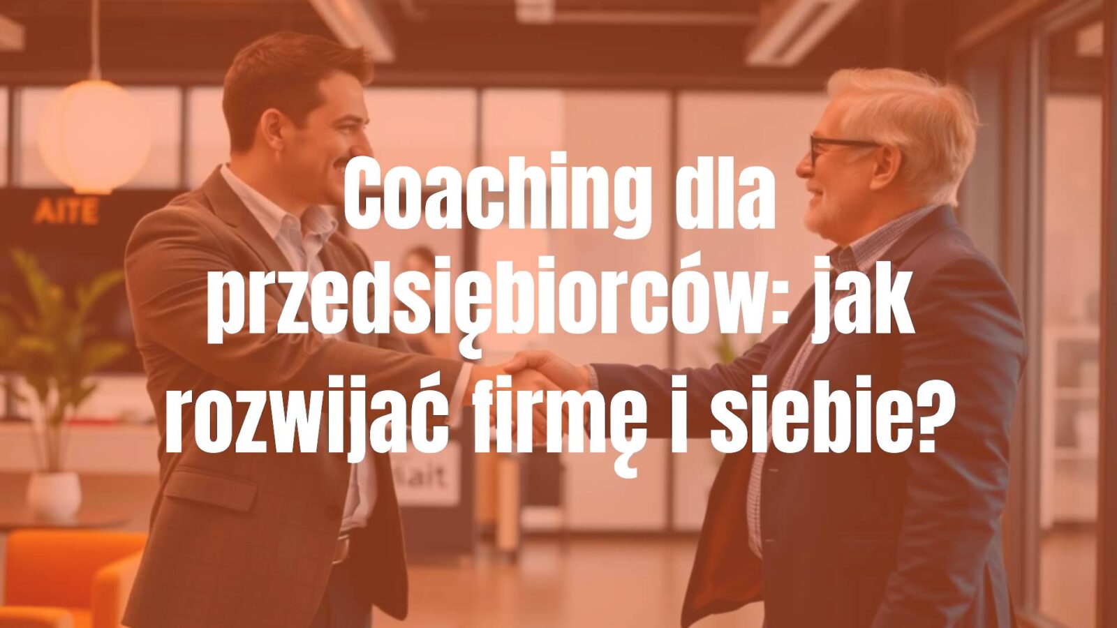A confident entrepreneur shaking hands with a coach in a modern office, motivational atmosphere, professional and inspiring, realistic.