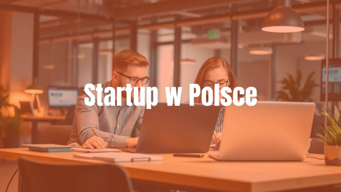 A modern startup office in Poland, young entrepreneurs working on laptops, innovative technology in the background, vibrant and energetic atmosphere, realistic style.