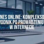 Digital online business concept with laptop, graphs, shopping cart icon, modern office background, professional and sleek.