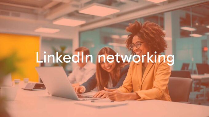 Professional networking on LinkedIn, business people connecting digitally, modern office background, vibrant colors, professional and dynamic vibe.